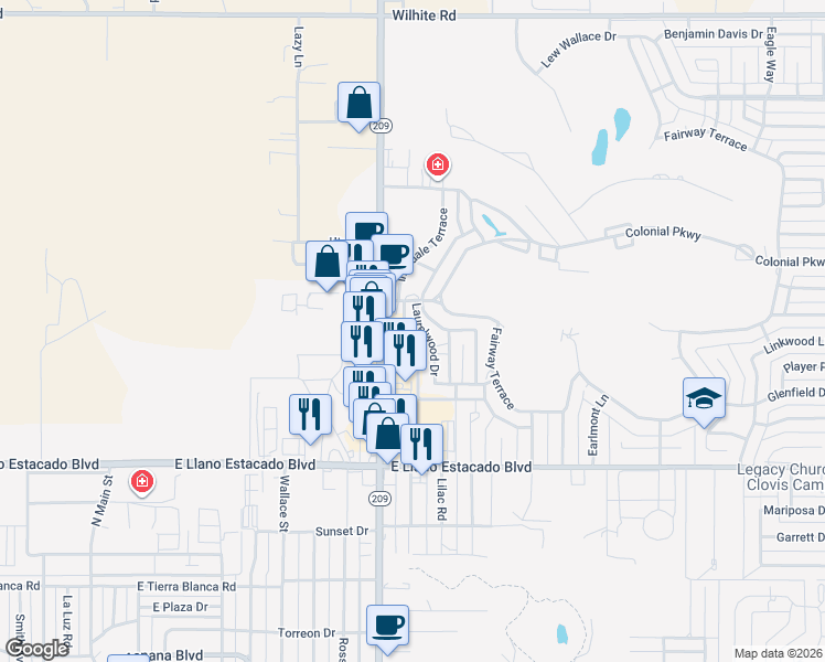 map of restaurants, bars, coffee shops, grocery stores, and more near 714 Laurelwood Drive in Clovis