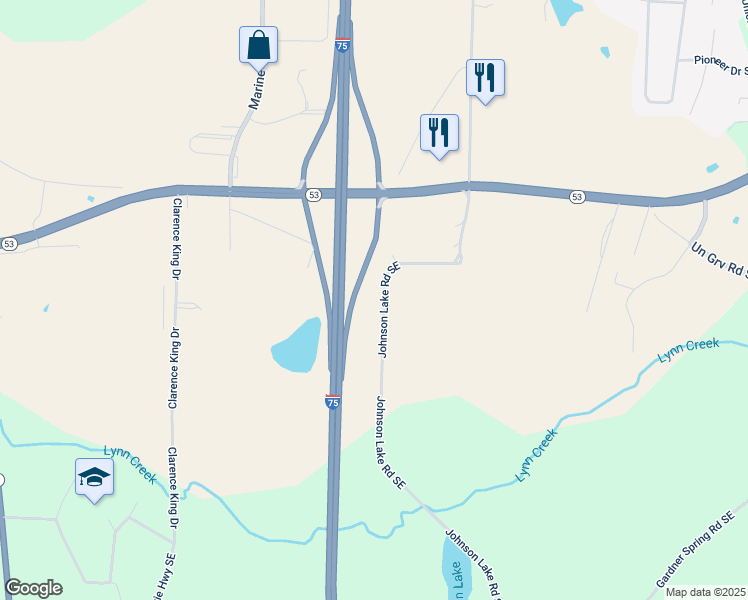 map of restaurants, bars, coffee shops, grocery stores, and more near 237 Johnson Lake Road Southeast in Adairsville