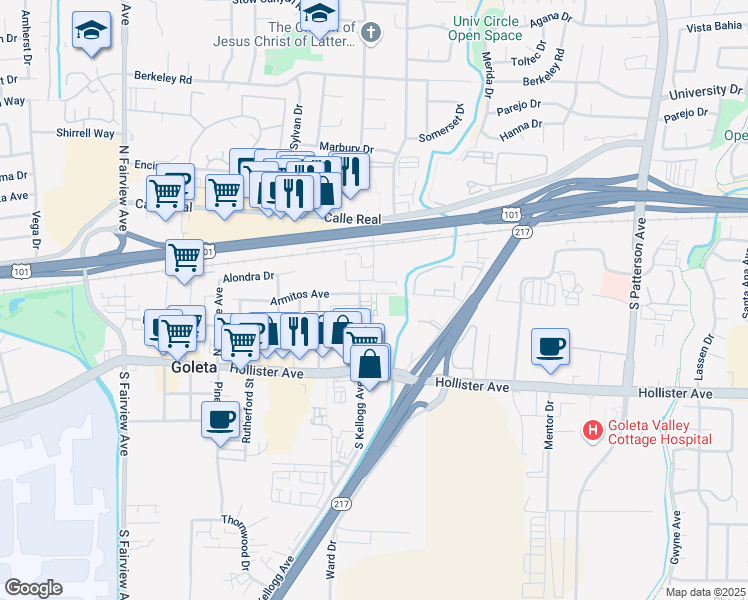map of restaurants, bars, coffee shops, grocery stores, and more near 5579 Armitos Avenue in Goleta