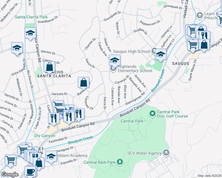 map of restaurants, bars, coffee shops, grocery stores, and more near 27243 Cabrera Avenue in Santa Clarita