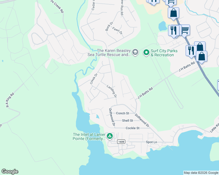 map of restaurants, bars, coffee shops, grocery stores, and more near Landing Drive in Pender County