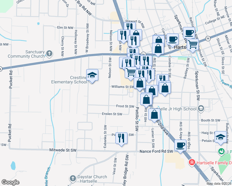 map of restaurants, bars, coffee shops, grocery stores, and more near 755 Martin Street Southwest in Hartselle