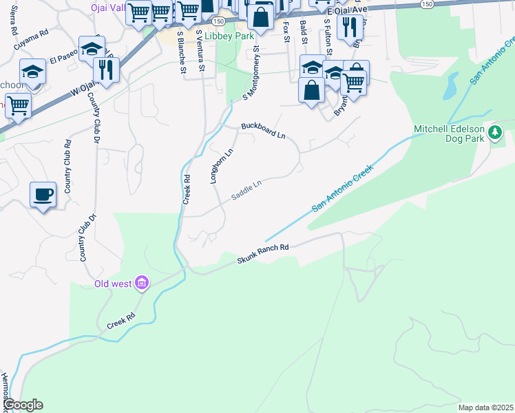 map of restaurants, bars, coffee shops, grocery stores, and more near 291 Saddle Lane in Ojai