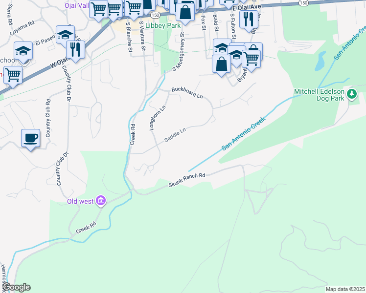 map of restaurants, bars, coffee shops, grocery stores, and more near 291 Saddle Lane in Ojai