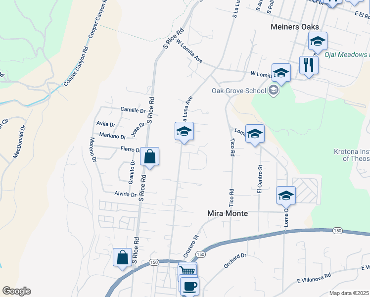 map of restaurants, bars, coffee shops, grocery stores, and more near 885 Oakwood Street in Ojai