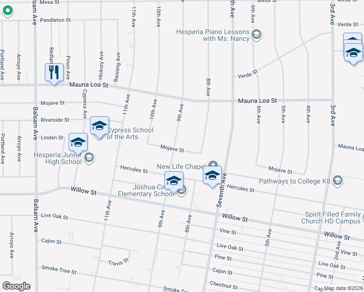map of restaurants, bars, coffee shops, grocery stores, and more near 15898 Mojave Street in Hesperia