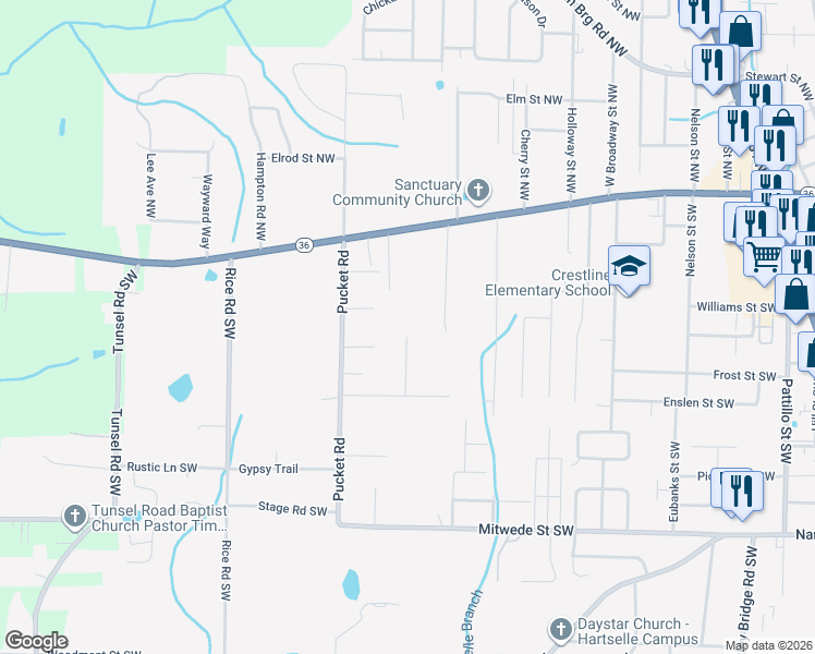 map of restaurants, bars, coffee shops, grocery stores, and more near 800 Anna Circle Southwest in Hartselle