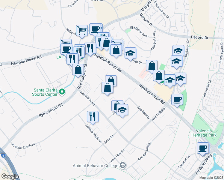 map of restaurants, bars, coffee shops, grocery stores, and more near 25000 Avenue Stanford in Santa Clarita