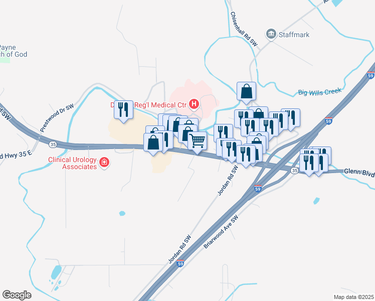map of restaurants, bars, coffee shops, grocery stores, and more near 1815 Glenn Boulevard Southwest in Fort Payne