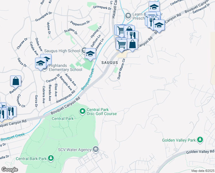 map of restaurants, bars, coffee shops, grocery stores, and more near 21606 Rose Lee Court in Santa Clarita
