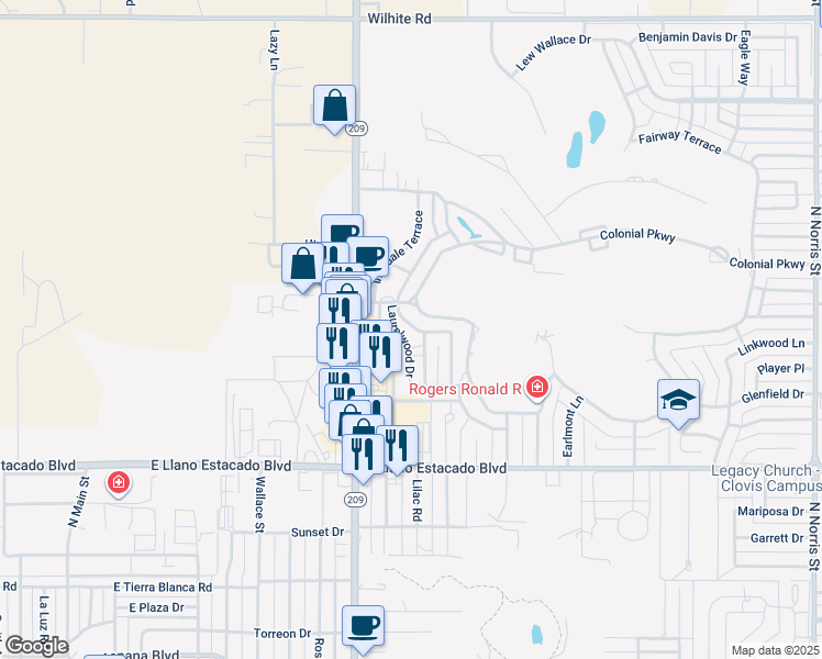 map of restaurants, bars, coffee shops, grocery stores, and more near 1005 Fairway Terrace in Clovis