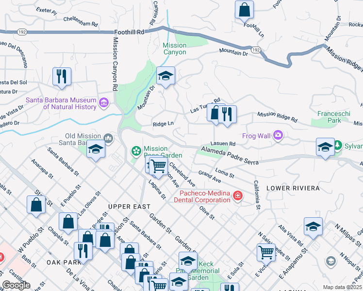 map of restaurants, bars, coffee shops, grocery stores, and more near 2040 Alameda Padre Serra in Santa Barbara