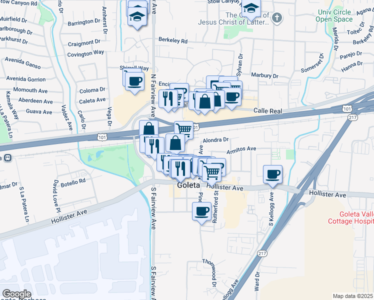 map of restaurants, bars, coffee shops, grocery stores, and more near 36 Magnolia Avenue in Goleta