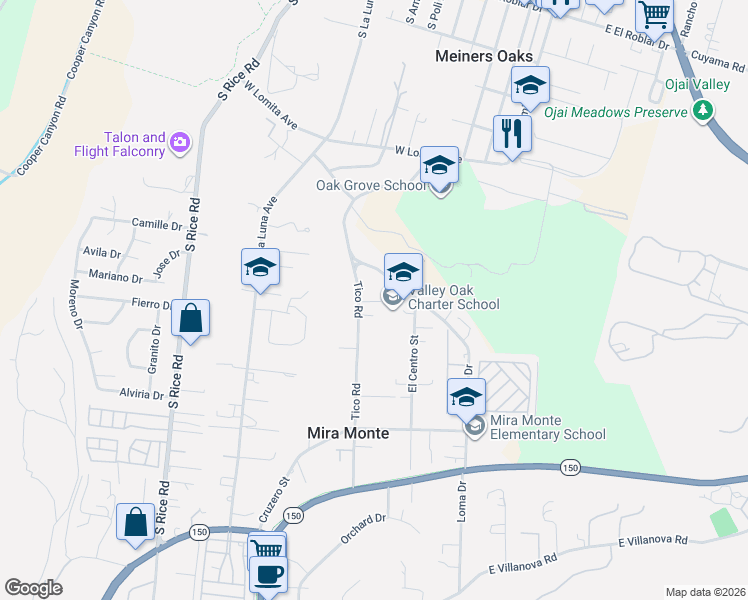 map of restaurants, bars, coffee shops, grocery stores, and more near 908 Tico Road in Ojai
