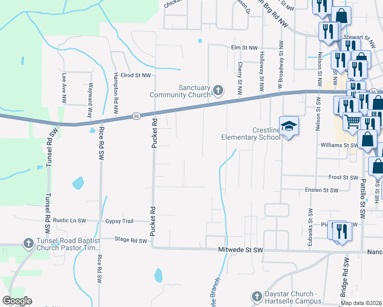 map of restaurants, bars, coffee shops, grocery stores, and more near 800 Anna Circle Southwest in Hartselle