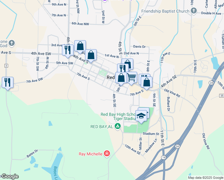 map of restaurants, bars, coffee shops, grocery stores, and more near 100-398 7th Avenue South in Red Bay