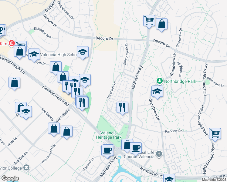 map of restaurants, bars, coffee shops, grocery stores, and more near 27424 Riverside Drive in Santa Clarita
