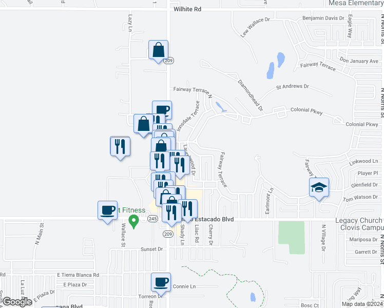 map of restaurants, bars, coffee shops, grocery stores, and more near 721 Laurelwood Drive in Clovis