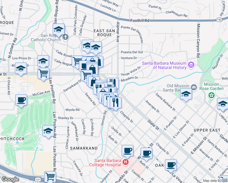 map of restaurants, bars, coffee shops, grocery stores, and more near 2819 State Street in Santa Barbara