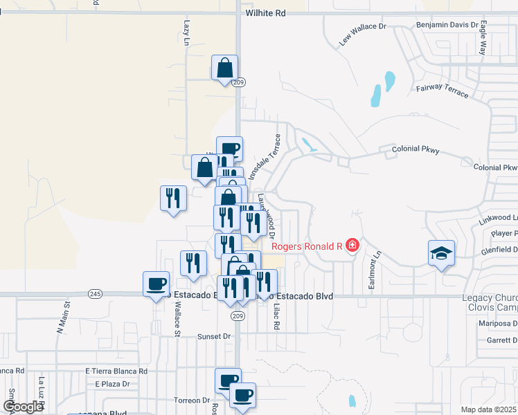 map of restaurants, bars, coffee shops, grocery stores, and more near 716 Laurelwood Drive in Clovis