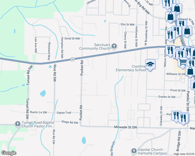 map of restaurants, bars, coffee shops, grocery stores, and more near 800 Anna Circle Southwest in Hartselle