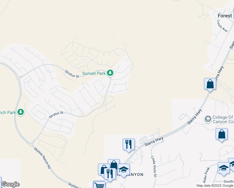 map of restaurants, bars, coffee shops, grocery stores, and more near 17730 Hillside Way in Santa Clarita