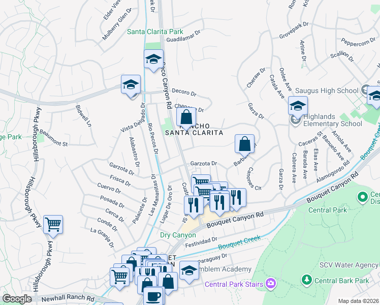 map of restaurants, bars, coffee shops, grocery stores, and more near 22658 Arriba Drive in Santa Clarita