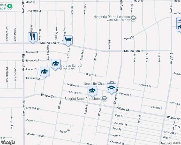 map of restaurants, bars, coffee shops, grocery stores, and more near 15838 Mojave Street in Hesperia