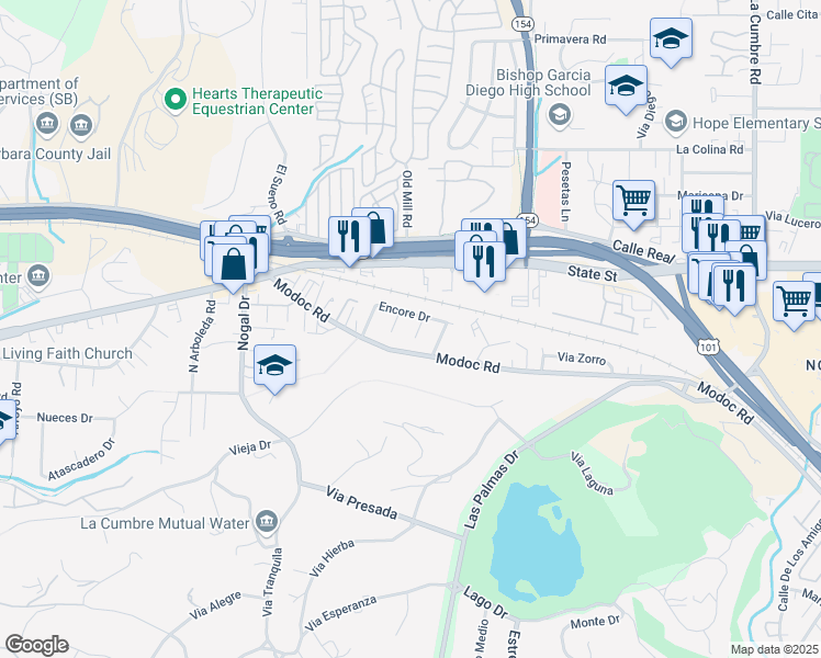 map of restaurants, bars, coffee shops, grocery stores, and more near 165 Del Canto Lane in Santa Barbara