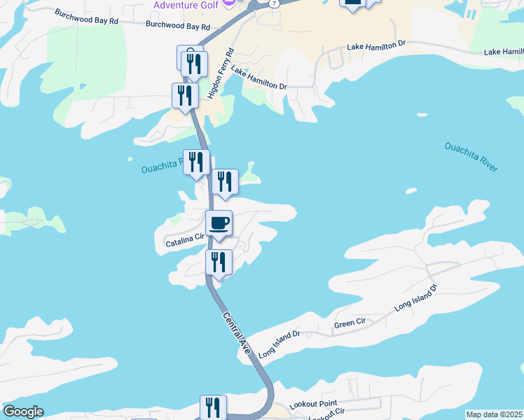 map of restaurants, bars, coffee shops, grocery stores, and more near 130 Van Lyell Terrace in Lake Hamilton