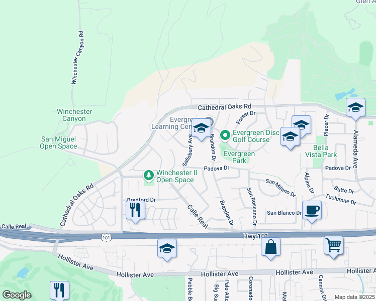 map of restaurants, bars, coffee shops, grocery stores, and more near 205 San Napoli Dr in Goleta