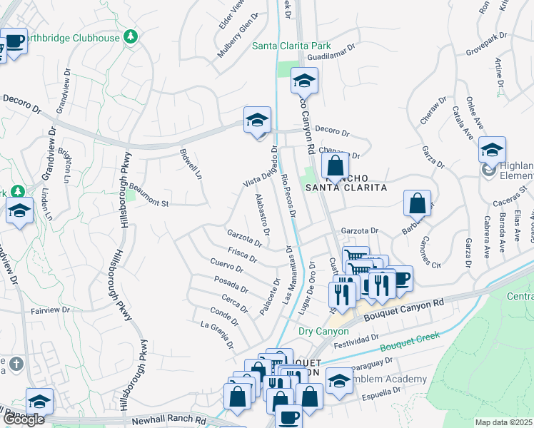 map of restaurants, bars, coffee shops, grocery stores, and more near 27048 Alabastro Drive in Santa Clarita