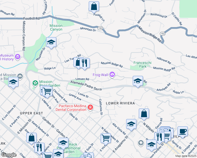 map of restaurants, bars, coffee shops, grocery stores, and more near 1724 Paterna Road in Santa Barbara