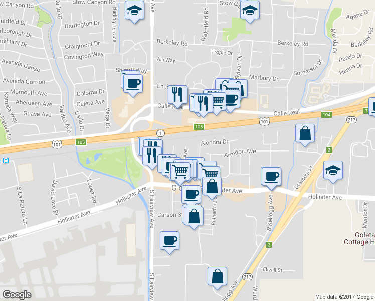 map of restaurants, bars, coffee shops, grocery stores, and more near 36 Magnolia Avenue in Goleta