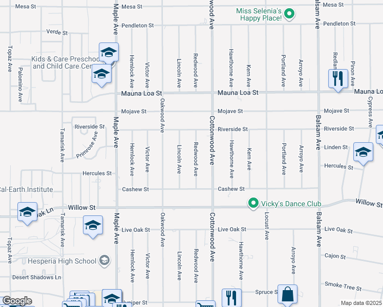 map of restaurants, bars, coffee shops, grocery stores, and more near 10338 Redwood Avenue in Hesperia