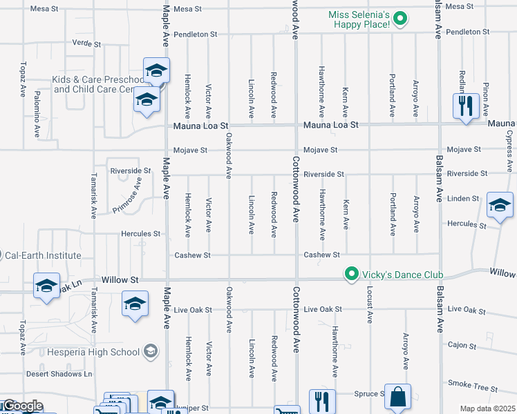 map of restaurants, bars, coffee shops, grocery stores, and more near 10338 Redwood Avenue in Hesperia