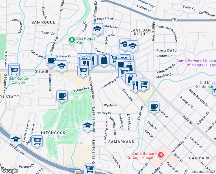 map of restaurants, bars, coffee shops, grocery stores, and more near 405 Samarkand Drive in Santa Barbara