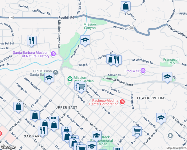 map of restaurants, bars, coffee shops, grocery stores, and more near 805 Via Granada in Santa Barbara