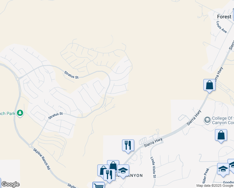 map of restaurants, bars, coffee shops, grocery stores, and more near 17730 Hillside Way in Santa Clarita