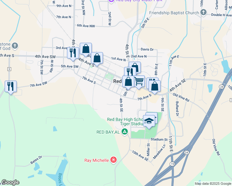 map of restaurants, bars, coffee shops, grocery stores, and more near 100 7Th Avenue South in Red Bay