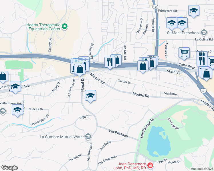 map of restaurants, bars, coffee shops, grocery stores, and more near 4317 Modoc Road in Goleta