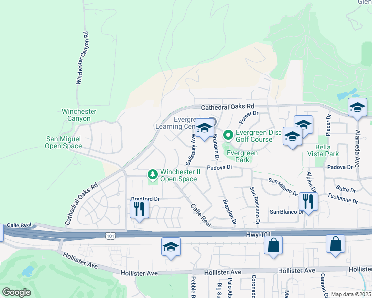 map of restaurants, bars, coffee shops, grocery stores, and more near 205 San Napoli Drive in Goleta