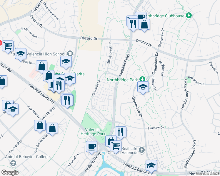 map of restaurants, bars, coffee shops, grocery stores, and more near 27453 Acacia Drive in Santa Clarita