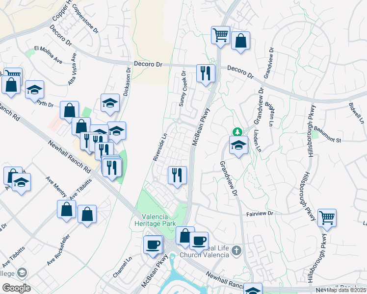 map of restaurants, bars, coffee shops, grocery stores, and more near 24005 Mariposa Place in Santa Clarita