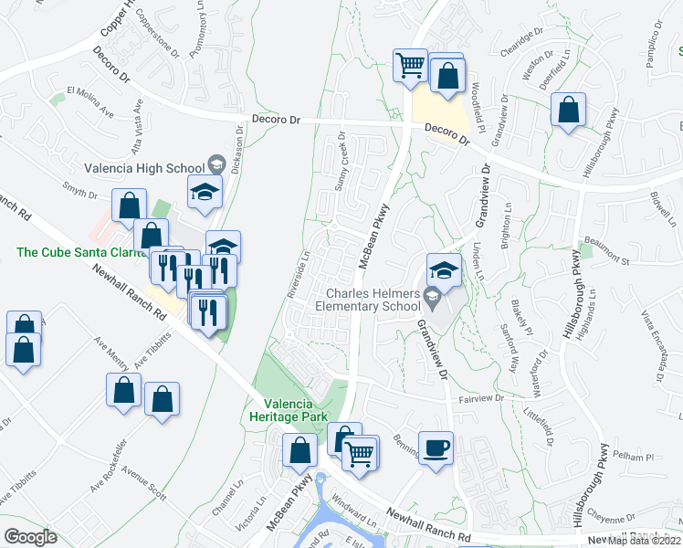 map of restaurants, bars, coffee shops, grocery stores, and more near 27438 Acacia Drive in Santa Clarita