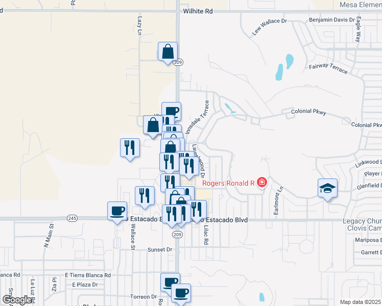 map of restaurants, bars, coffee shops, grocery stores, and more near 714 Laurelwood Drive in Clovis