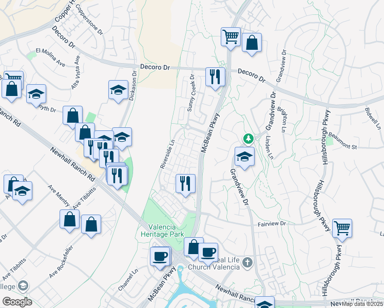 map of restaurants, bars, coffee shops, grocery stores, and more near 27438 Acacia Drive in Santa Clarita