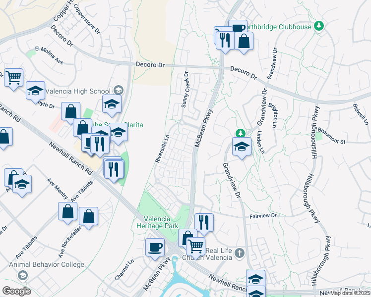 map of restaurants, bars, coffee shops, grocery stores, and more near 27453 Acacia Drive in Santa Clarita