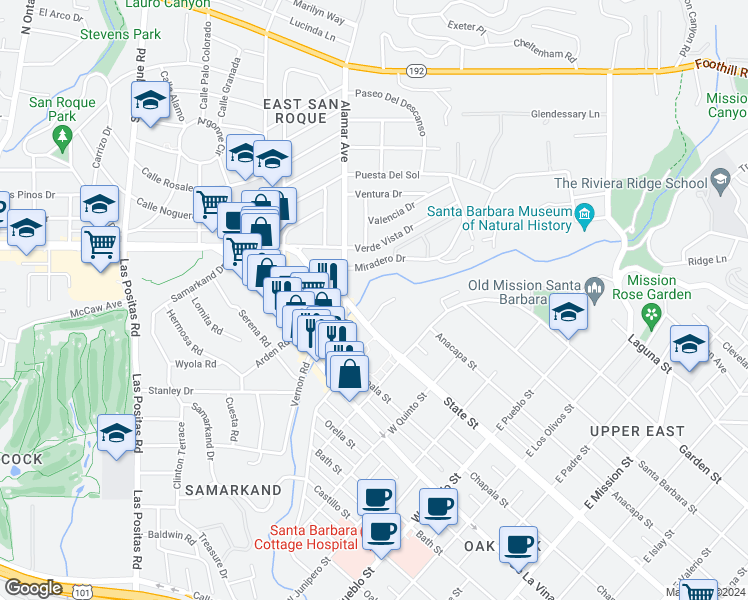 map of restaurants, bars, coffee shops, grocery stores, and more near 1 El Vedado Lane in Santa Barbara