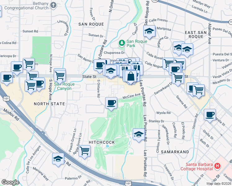 map of restaurants, bars, coffee shops, grocery stores, and more near 42 Broadmoor Plaza in Santa Barbara